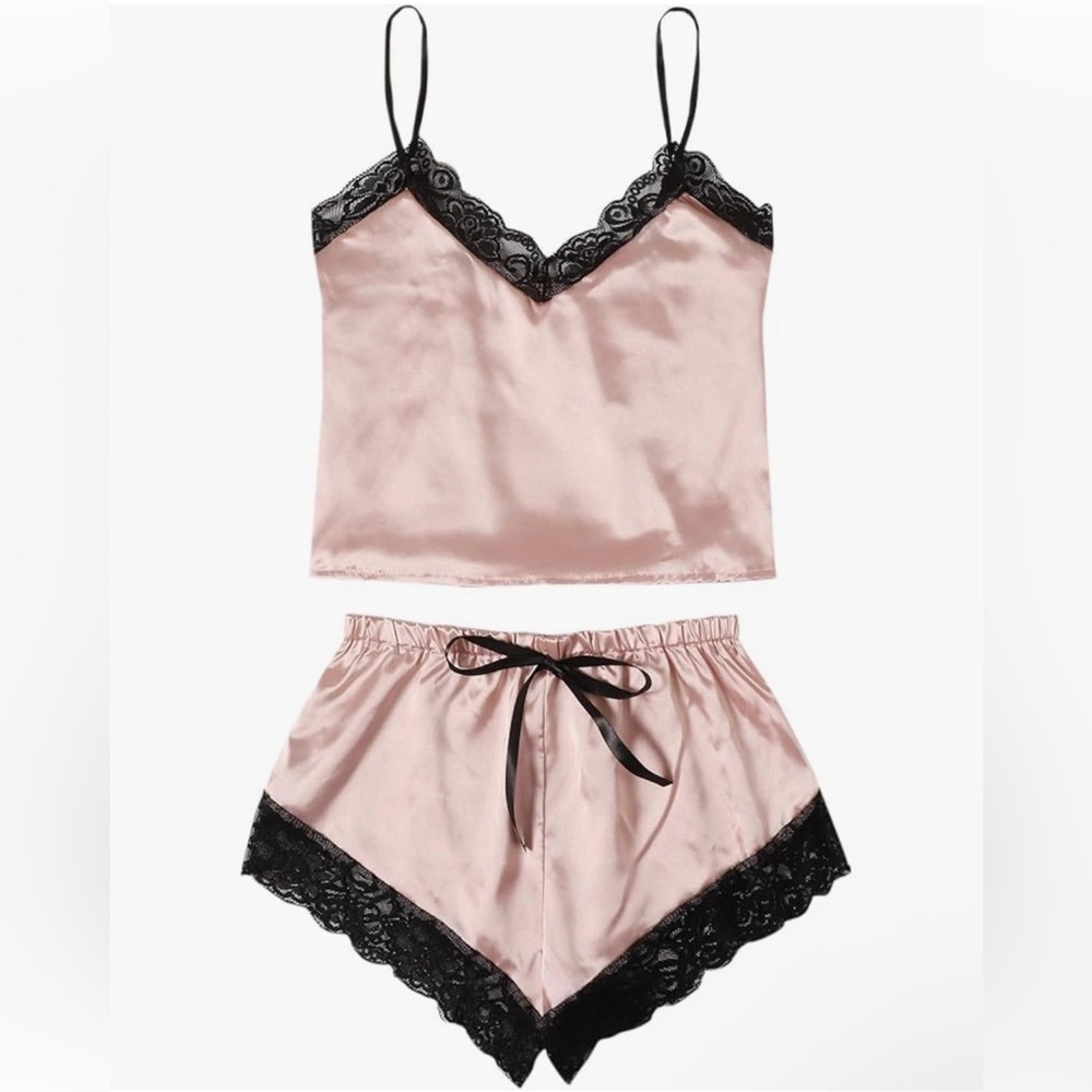 Women's Pink Satin Lace Trim Cami Top and Shorts Pajama Set